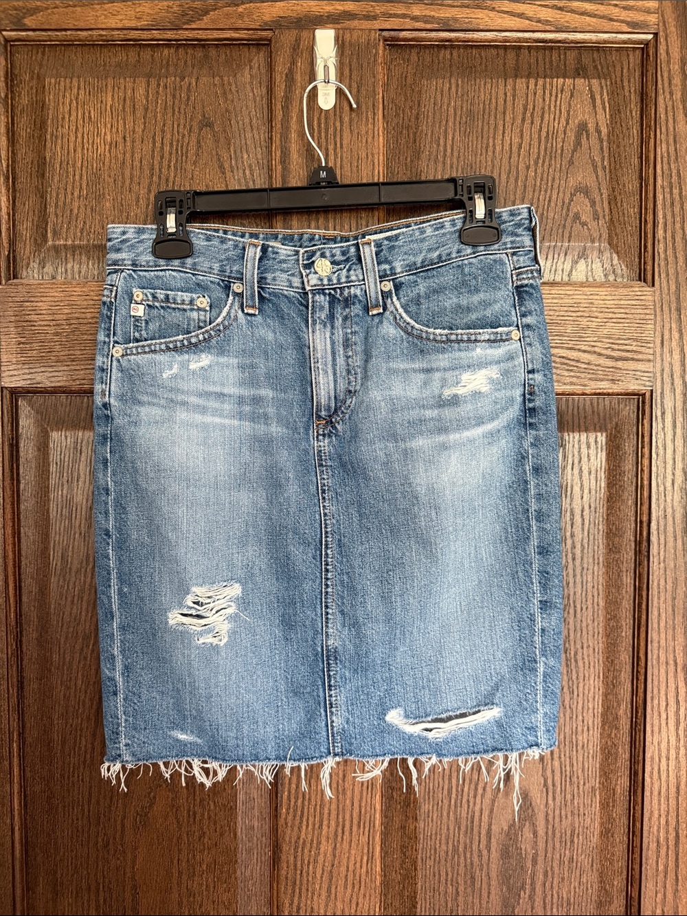 AG Adriano Goldschmied Light Blue Distressed Denim The Erin Pencil Skirt Size 27